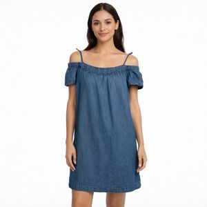 Cloth and Stone Womens Mini Dress Chambray 100% Tencil Off Shoulder Size XS Blue